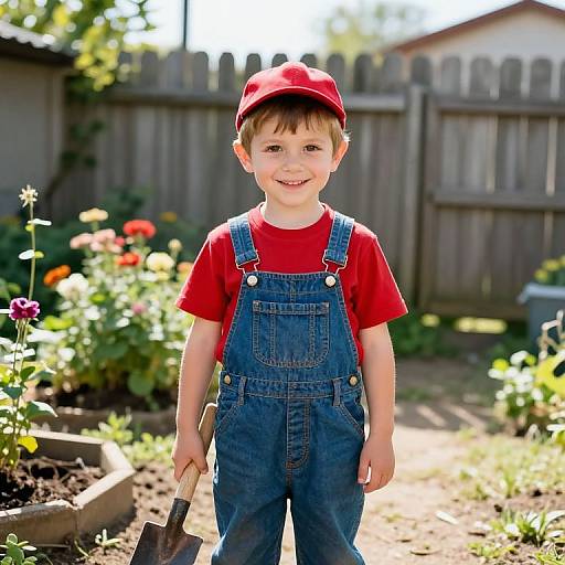 Photograph of a smiling young boy in red shirt and blue overalls, holding a small shovel, standing in a sunny garden with blooming flowers and