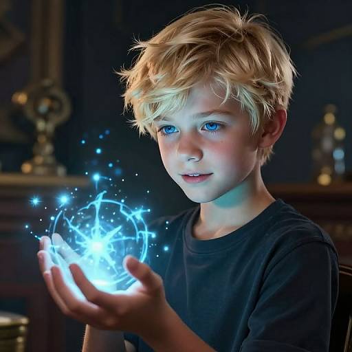 Photograph of a blonde, blue-eyed boy in a black shirt, holding a glowing, magical blue orb with sparkles in a dimly lit,