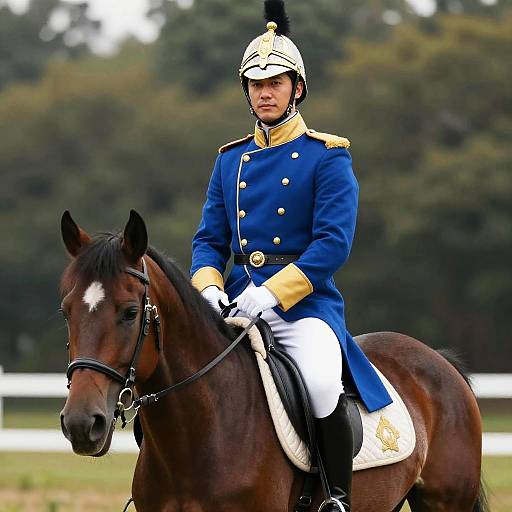Photograph of a serious male equestrian in a blue British military uniform, white gloves, and gold helmet, riding a brown horse with a white
