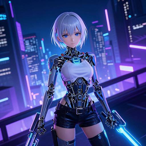 Cybernetic anime girl with short silver hair and blue eyes, wearing black shorts and a white top, holding glowing blue swords, in a neon