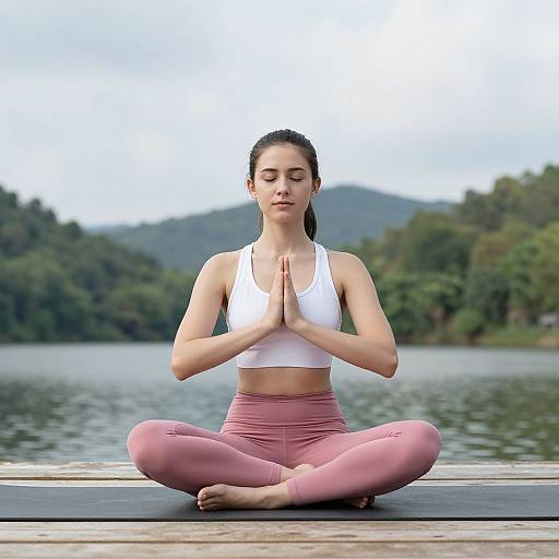Photograph of a young woman with fair skin and dark hair in a white sports bra and pink leggings, meditating in lotus position by a lake