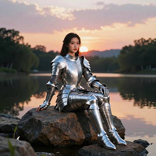 Photograph of an Asian woman in shiny silver medieval armor, sitting on a rock by a calm lake at sunset.