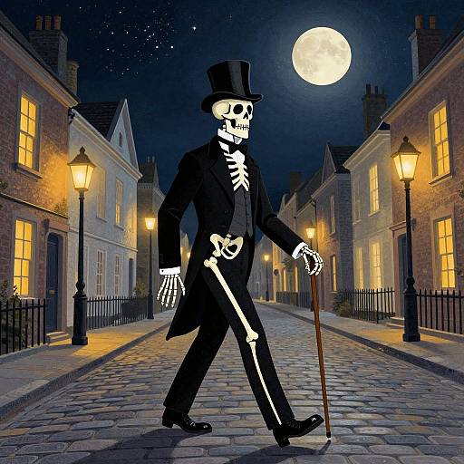 Victorian Gentleman Skeleton on Moonlit Street