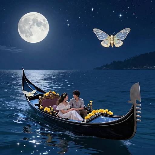 Moonlit gondola with bride and groom, surrounded by flowers, floating on a starry sea, with a glowing butterfly overhead.