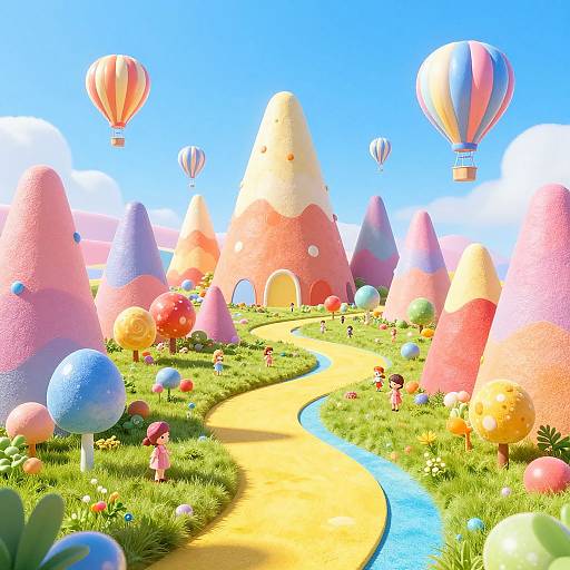 Bright, whimsical CGI landscape with colorful, candy-like mountains, balloons, and a winding yellow path through vibrant grass and flowers.