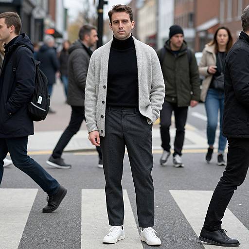 Photograph of a man in a gray cardigan, black turtleneck, and white sneakers standing in a city crosswalk, surrounded by pedestrians.