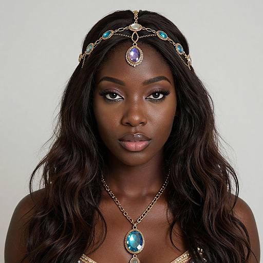 Photograph of a beautiful dark-skinned woman with long wavy hair, wearing a gold headpiece with blue and purple gemstones, and a matching