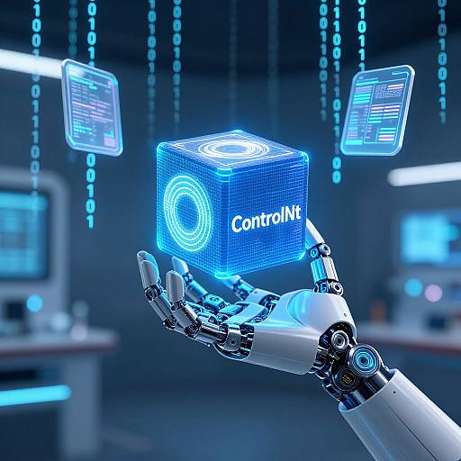 Digital artwork of a futuristic robotic hand holding a glowing blue control cube with 