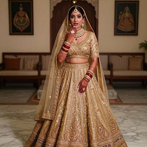 Photograph of a traditional Indian bride in a gold embroidered lehenga and veil, adorned with red jewelry, standing in an elegant room with wooden furniture and