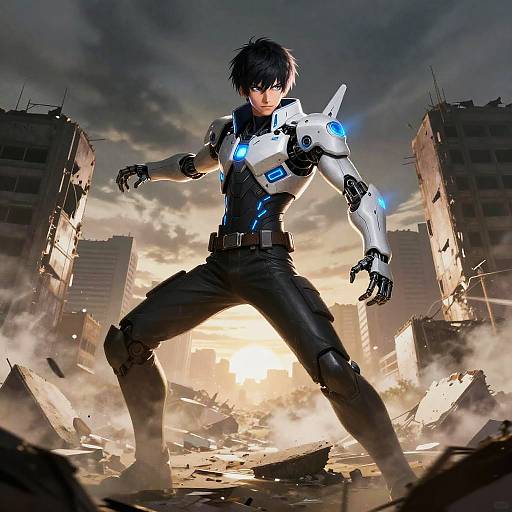 Digital art of a cybernetic male warrior with black hair, blue glowing armor, black pants, standing in a ruined cityscape at sunset.