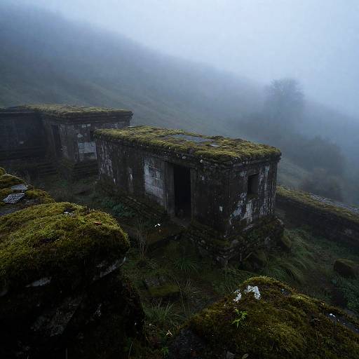 Moss-Covered Monastery in Ghostly Mist