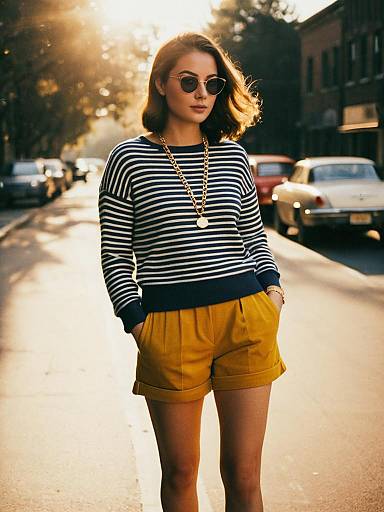 Woman in Striped Sweater and Mustard Shorts