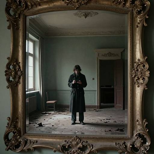 Photograph of a man with curly hair, wearing a long black coat, standing in a dusty, abandoned room reflected in an ornate, gold-fr