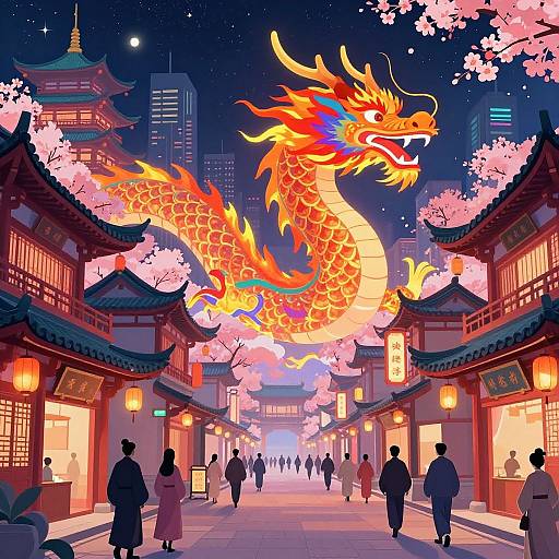 Digital illustration of a vibrant night scene in a traditional Asian street, featuring a glowing, fiery dragon mid-flight above cherry blossom trees, surrounded by people in