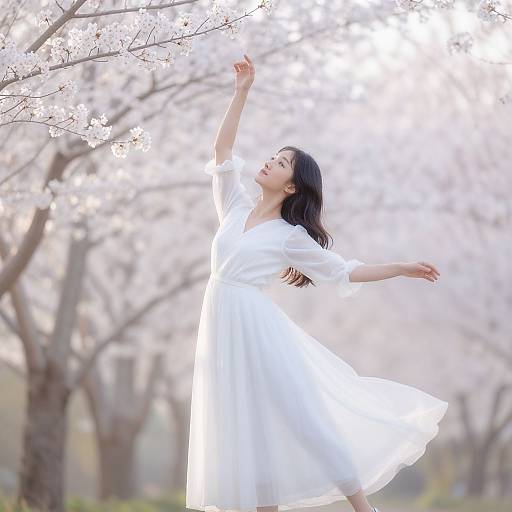 Photograph of an Asian woman with long black hair, wearing a flowing white dress, gracefully reaching up towards cherry blossoms in a sunlit, blo