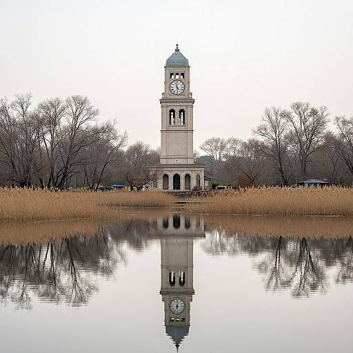 Photograph of a tall, white clock tower with a gray roof, reflected in a calm, mirrored lake, surrounded by bare trees and golden reeds