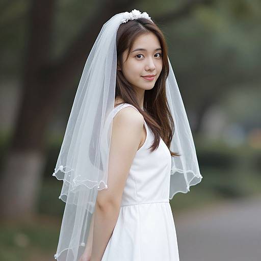 Photograph of an Asian woman with long dark hair, wearing a white wedding dress and veil, smiling outdoors in a blurred park.