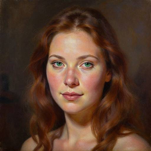 Digital painting of a young woman with fair skin, green eyes, and wavy auburn hair, against a dark, blurry background.