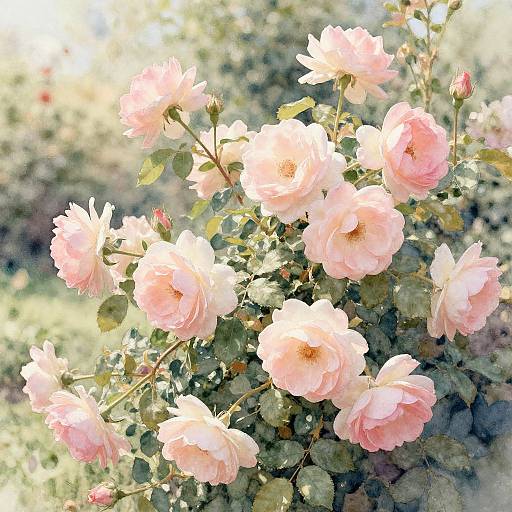 Photograph of a cluster of delicate pink roses with soft petals, green leaves, and sunlight filtering through, creating a gentle, dreamy atmosphere.