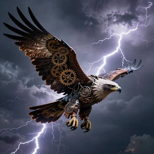 Digital art of a mechanical eagle with gears and cogs, soaring against a stormy sky with vibrant lightning bolts.