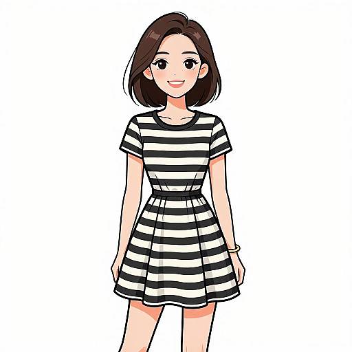 Smiling Woman in Striped A-Line Dress