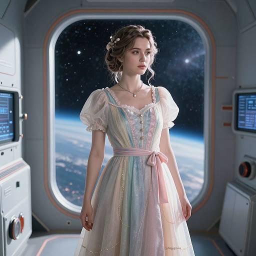 Photorealistic digital image of a young woman in a pastel, multi-colored, Victorian-style dress, standing in a space ship's window, g