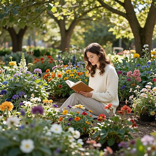 Photograph of a curly-haired woman in a white sweater, sitting amidst vibrant, sunlit flower garden, reading a book.