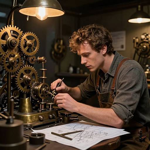 Photograph of a focused, curly-haired man in a denim shirt, working with intricate brass gears and machinery, drawing on paper. Warm, industrial lighting