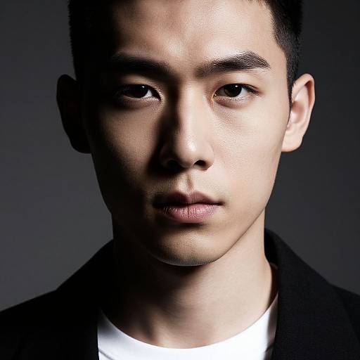 Photograph of an Asian man with short black hair, light skin, and neutral expression, wearing a black jacket over a white shirt, lit from front