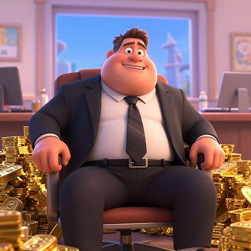 Animated Overweight Businessman Surrounded by Gold