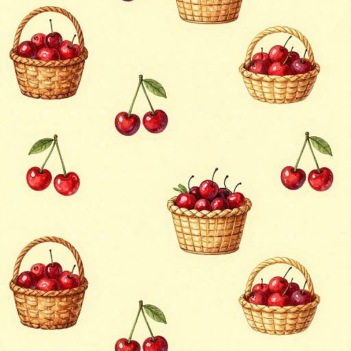 Seamless pattern of detailed watercolor baskets filled with vibrant red cherries and single cherries with green leaves on white background.