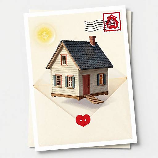 Digital illustration of a small, white wooden house with a blue shingled roof, on a postcard with a red heart and stamp.