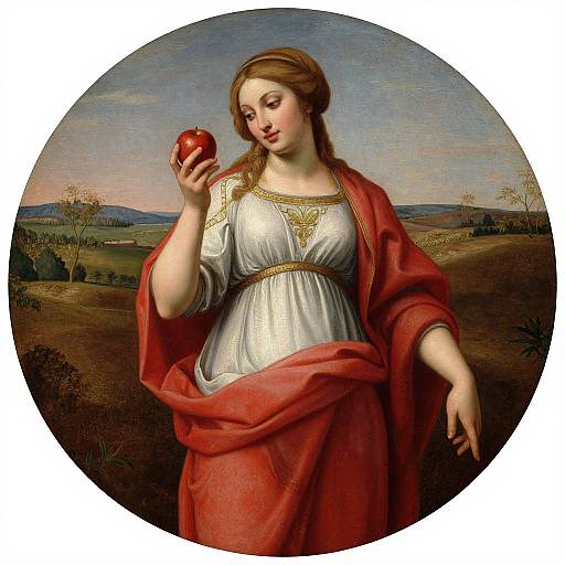Renaissance painting of a fair-skinned woman with brown hair, wearing a white dress and red cloak, holding a red apple in a lush countryside