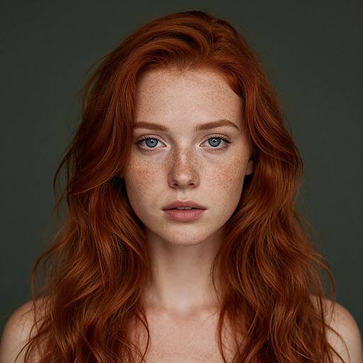Photograph of a freckled, red-haired woman with blue eyes, long wavy hair, and fair skin against a dark gray background.
