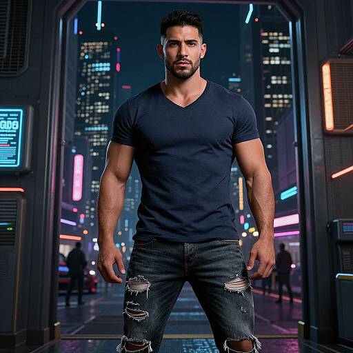 Photograph of a muscular, bearded man in a black V-neck shirt and ripped jeans standing in a neon-lit, futuristic city street at night