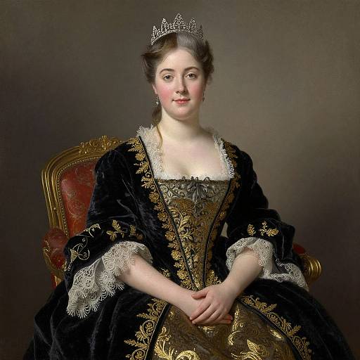 18th-century portrait of a fair-skinned, rosy-cheeked woman with brown hair, wearing a silver tiara, black velvet gown with