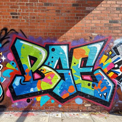 Vibrant graffiti on a brick wall featuring bold, colorful letters 