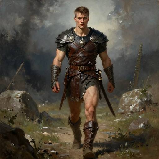 Digital painting of a muscular, serious-looking warrior with short brown hair, wearing black leather armor and boots, walking through a rocky, forested path under