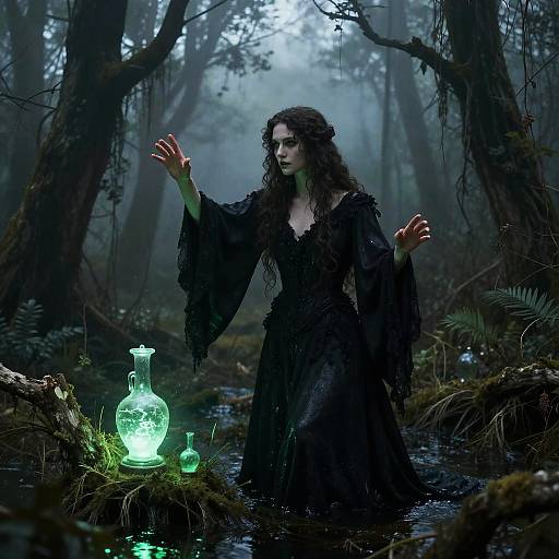 Sorceress Casting Spells in Swamp