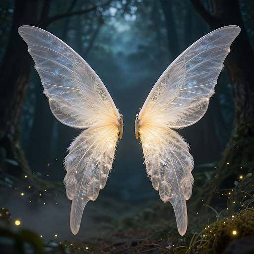 Photograph of ethereal, glowing white butterfly wings with translucent texture, illuminated from within, floating in a dark, misty forest with twinkling fire