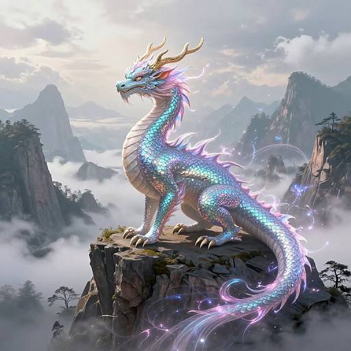 Digital artwork of a glowing, blue and white dragon with purple accents, standing on a rocky cliff, surrounded by misty mountains.