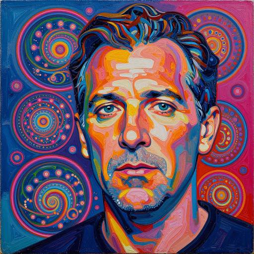 Vibrant digital portrait of a serious man with colorful, abstract patterns in the background, featuring circular designs and neon hues.