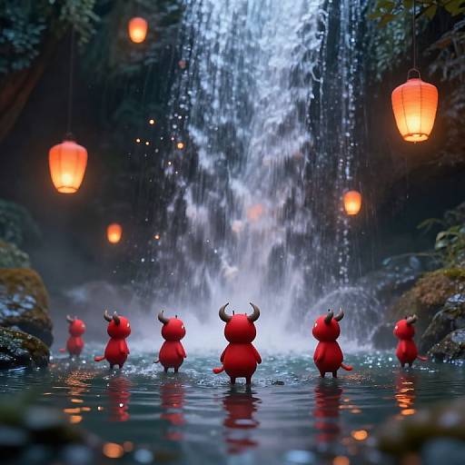 Digital artwork: Red, horned, miniature devil-like figures stand in a misty, reflective water pool beneath a cascading waterfall, surrounded by glowing