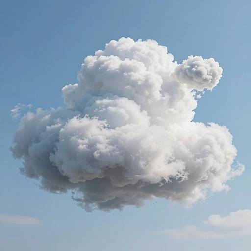 Photograph of a large, fluffy white cumulus cloud against a clear blue sky, with soft sunlight illuminating its top.