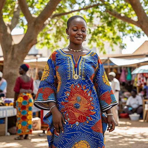 Photograph of a smiling Black woman in a vibrant blue floral dress, standing outdoors at a market with trees and people in the background.