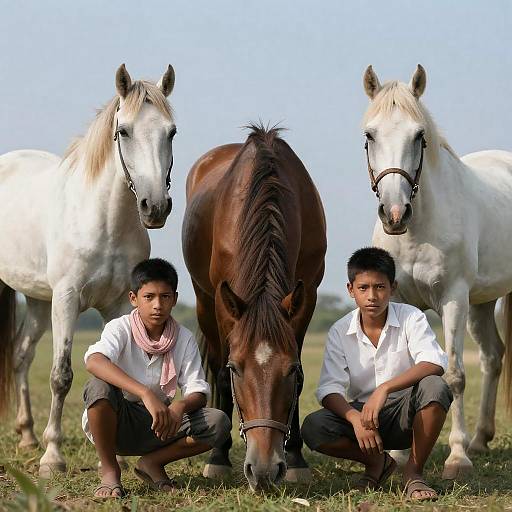 Two Boys with Horses on Grassy Field