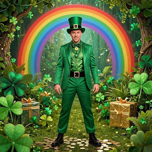Photograph of a smiling man in a green leprechaun suit, top hat, and black boots, standing under a vibrant rainbow, surrounded by
