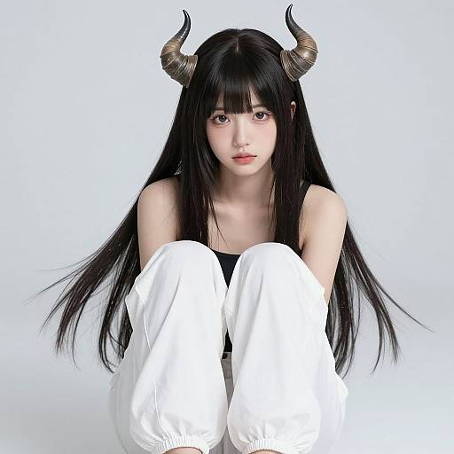 Digital artwork of an East Asian woman with long black hair, small horns, and white leggings, sitting against a white background.