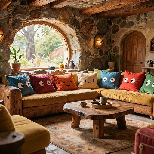 Cozy rustic living room with stone walls, wooden ceiling beams, colorful face-patterned pillows, wooden sofa, and table, lit by soft sunlight through