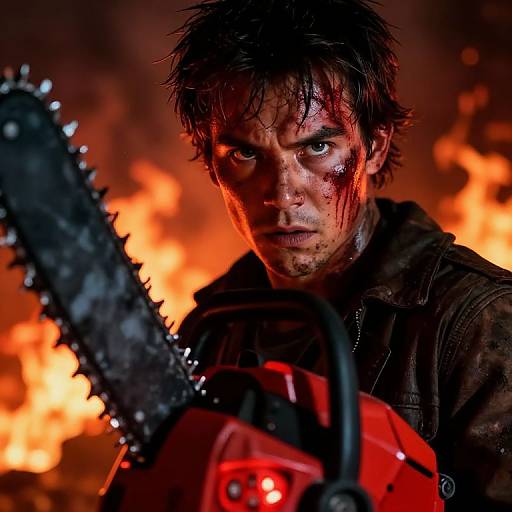 Determined man with blood-streaked face, holding red chainsaw, intense gaze, fiery background; dramatic, high-contrast photograph.